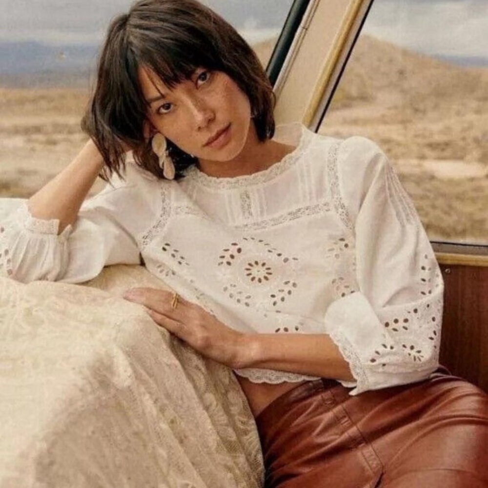 Sezane Enea Blouse Ecru - Size FR 24/US 2 White Cropped - Picture 13 of 14